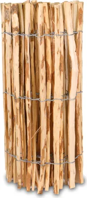A close-up view of a wooden fence panel made of thin, natural wood stakes bound together with wire.