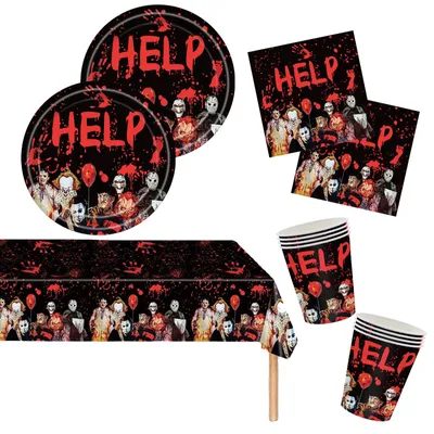 53-teiliges Halloween-Serviesset mit Tischdecke, Tellern, Bechern, Servietten