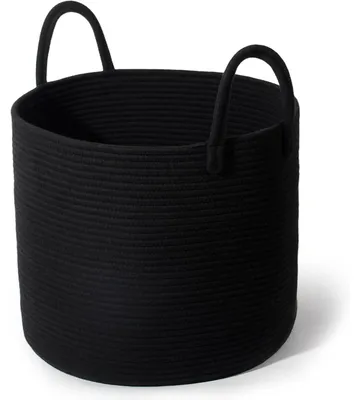 Zdjęcie produktu dla Koszyk bawełniany z uchwytami, pleciony kosz do przechowywania, wymiary: 40 cm (średnica) * 34 cm (wysokość), kolor: czarny