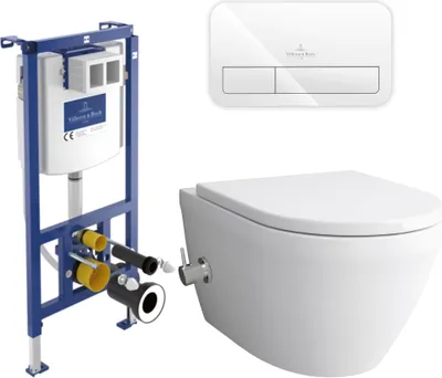Produktbild von Alpenberger Dusch WC Komplett Set mit Villeroy & Boch Spülrandlos + Unterputz Spülkasten | Vorwandelement + Betätigungsplatte | Wand WC | Toilette mit WC Sitz mit Absenkautomatik (8250 UNI)