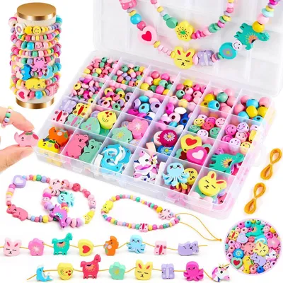 Image de Kit de loisirs créatifs pour enfants à partir de 4 ans, comprenant des perles en bois pour créer des bijoux et des bracelets, des motifs de fleurs et d'animaux, des couleurs pastel, ainsi qu'un fil