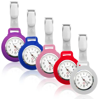 Produktbild von Behogan 5 Stück Krankenschwester Uhren, Dehnbare Silikon Schwesternuhr Zeiger mit Glow Pointer, Schwesternuhr Ansteckuhr, Krankenschwester Taschenuhr, Ansteckuhr für Krankenschwestern und Ärzte