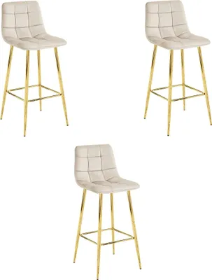 Image de Lot de 3 tabourets Valora ARCETO - Velours beige et pieds dorés | Trio de sièges modernes et chics