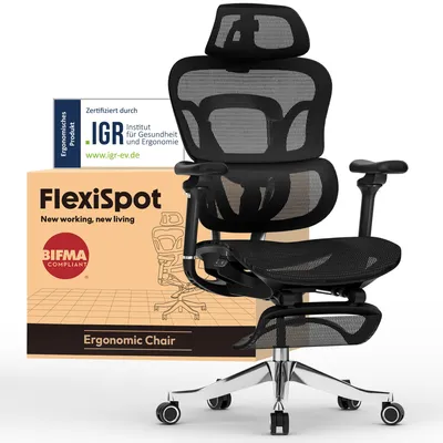 A black ergonomic office chair is shown next to its packaging box.