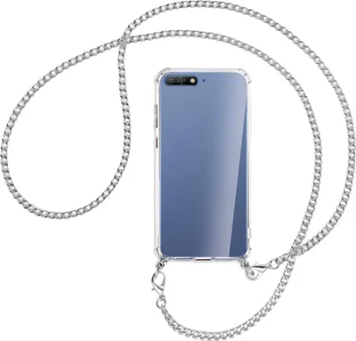 Produktbild von Handykette Backcover-Schutzhülle mit Band (Metall silberfarben) für Huawei Y6 2018 - silberfarbene Kette