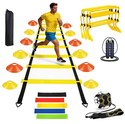 Produktbild von Fußballtrainingsset mit 6 m Koordinationsleiter - 12 Hütchen - 4 Hürden - Widerstandsbänder - Strapazierfähiges Nylon - Geeignet für Jungen - Sportset
