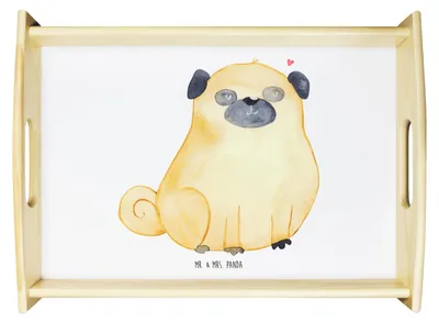 Produktbild von Mr. & Mrs. Panda Holztablett Mops - Weiß - Geschenk, Hundeliebe, Dekotablett, Hund, sofatablett, Liebe, Deko Tablett, Servier, Knuffig