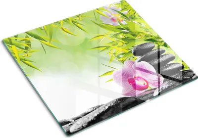 Imagen del producto de Placa de protección de vidrio – Cubierta para placa de cocina – Cubierta para placa de inducción – 60x52 cm – Limpieza fácil – Vidrio templado – Diseño con bambú y orquídea