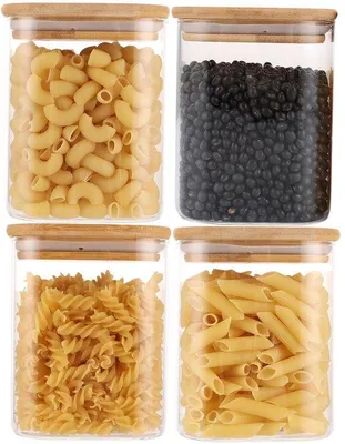 Immagine prodotto di Set di contenitori in vetro per 4 persone - Contenitori impilabili - 850 ml - Ermetici - Coperchio in legno - Quadrati - Confezione da 4 - Coperchio in legno - Impilabili