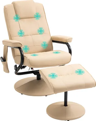 Produktbild von Massagesessel mit Hocker, Drehbares Relaxsessel mit Massagefunktion, Elektrisches Fernsehsessel mit Liegefunktion, Fernbedienung für Wohnzimmer, Kunstleder, Creme