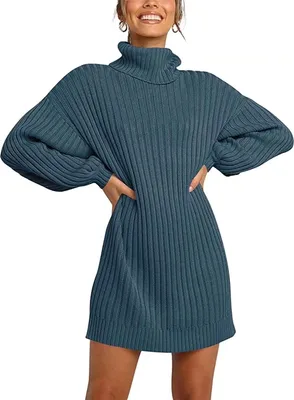 Produktbild von ASKSA Damen Rollkragen Pulloverkleid Einfarbig Laterne Ärmel Tunika Lange Winter Strickkleid, Blau, S
