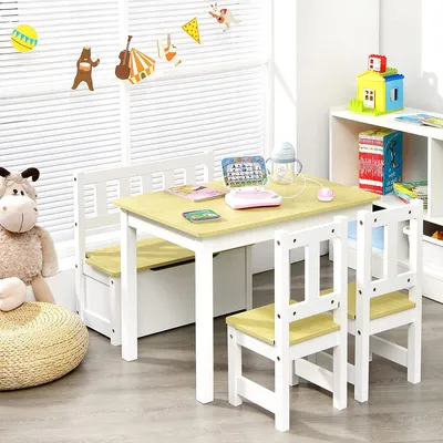 Produktbild von Kindersitzgruppe mit 40L Stauraum, Tisch + 2 Stühle + Truhenbank, Möbelset für Kinder, Kindertruhenbank Kindermöbelset für 4 Kinder, Holzsitzgruppe mit Spieltisch und Stuhlset (Natur)