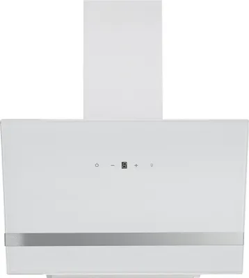 A white range hood with a silver accent strip and a digital display.
