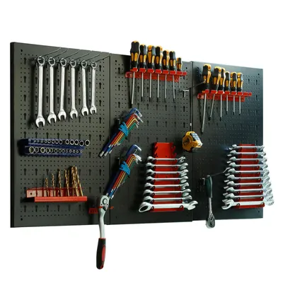 Produktbild von CCLIFE Werkzeugwand Lochwand Metall Werkzeuglochwand Dreiteilig 120 x 60 x 2 cm Erweiterbar Inkl. 35-Teiligem Zubehör