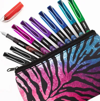 Productafbeelding van Zebra Fuente - Disposable Fountain pen - Coloured Ink - Pack of 10 - Includes pink & blue striped pencil case