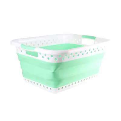 Productafbeelding van 39L Opvouwbare wasmand van kunststof – Opvouwbare, inklapbare opbergbox – Draagbare wasmand – Ruimtebesparende wasmand.KLEUR: Grijs