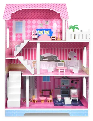 Produktbild von QEENTOE Holzpuppenhaus aus MDF mit 3 Etagen, Puppenvilla mit Möbeln und Zubehör, Großes Puppenhaus für Kinder, Ästhetisches Spielzeug