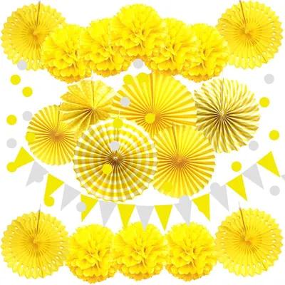 Produktbild von Party Dekoration Set Gelb & Weiß 21 Teile: Papier Pompoms, Fächer, Girlande