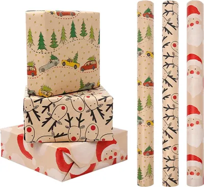 Produktbild von Geschenkpapier Weihnachten kinder, 3 Rollen Weihnachtsgeschenkpapier Set 43 cm x 3 M, Recycelbares Kraftpapier Weihnachtspapier Geschenkpapier fš¹r Weihnachts Geschenkverpackung