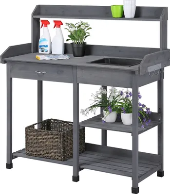 Produktbild von Yaheetech Pflanztisch mit Waschbecken, Verstellbaren Ablagefläche und Haken, Gärtnertisch Blumentisch Holzpflanztisch mit Schubladen, aus Wetterfest Holz für Terrasse, Garten und Veranda Grau