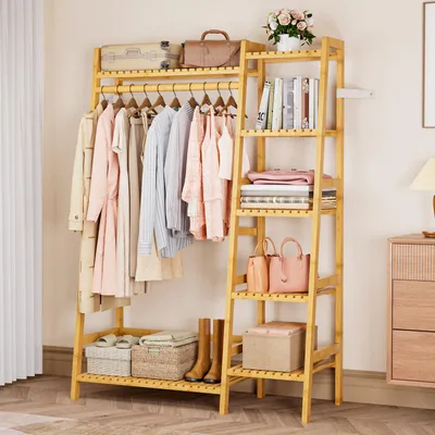 Produktbild von Yorbay Kleiderständer aus Bambus, Multifunktionale Garderobenständer 103x40x145 cm,7 Ablagefächer Garderobe für Flur, Schlafzimmer & Büro