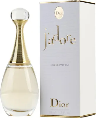 A bottle of Dior J'adore Eau de Parfum and its packaging are displayed side-by-side against a white background.