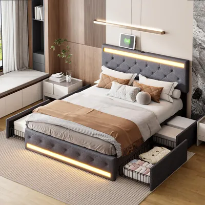 Zdjęcie produktu dla CDGlobal łóżko tapicerowane 180x200cm, łóżko podwójne z 2 USB i 4 szufladami, łóżko do przechowywania, łóżko młodzieżowe ze stelażem listwowym i oświetleniem, funkcjonalne łóżko z litego drewna, pościel, szare