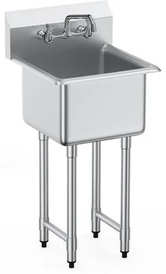 Immagine prodotto di Lavello in acciaio inossidabile da incasso, dimensioni 457x1041 mm, con una vasca, NSF, dotato di rubinetto e piedini, ideale per garage, ristoranti, cucine e lavanderie