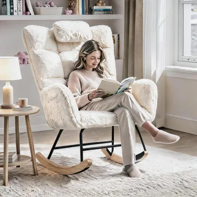 Produktbild von Schaukelsessel mit Kopfstütze Teddyfell beige gepolstert Sessel Wohnzimmer Schlafzimmer Balkon Kuschelsessel Schaukelstuhl