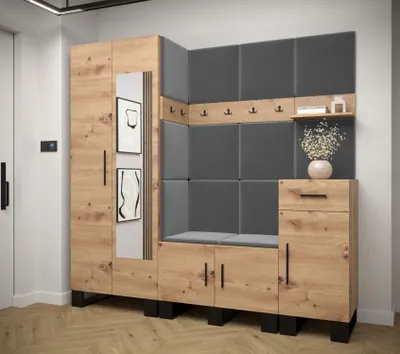 A corner entryway furniture set with wood and gray paneling.