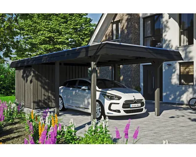 Produktbild von Einzelcarport SKAN HOLZ Wendland schwarze Blende inkl. Abstellraum, EPDM Folie, Pfostenanker 362 x 870 cm schiefer