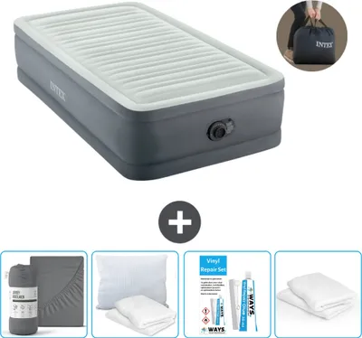 Produktbild von Intex Luftbett - 1 Person - 99 x 191 x 46 cm - Grau - Inklusive Pumpe - Spannbettuch - Küssen - Reperaturset en Kissenschutz