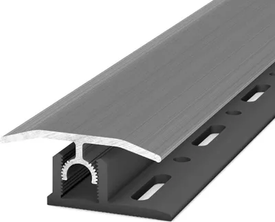 A close-up studio shot of a metal and plastic transition profile.
