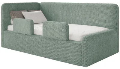 Produktbild von Selsey Fanko – Kinderbett 90x200 cm mit Rausfallschutz, Kopfteil links, Plüsch, Salbeigrün