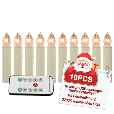 A set of 10 LED Christmas candles with a remote control and a promotional graphic.