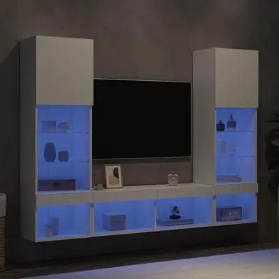 Image de Meuble TV mural avec éclairage LED, blanc, en panneaux de particules, design moderne, idéal pour le salon, offrant un grand espace de rangement, hauteur : 102 cm