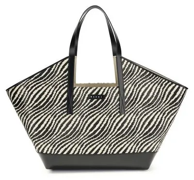Image de Marni Waves cabas effet raffia zébré noir, anses cuir