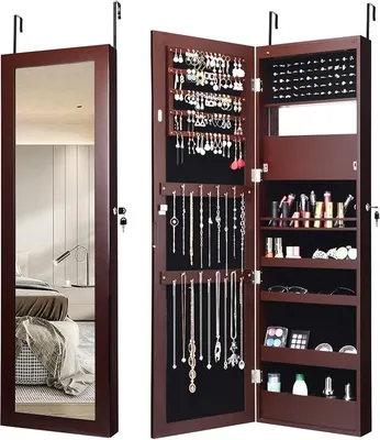 Produktbild von Schmuckschrank mit Spiegels, Spiegelschrank mit Automatischen LEDs & Klappbarer Ablage, Schmuckorganizer für Ohrringe Armband Kosmetik, Hängend & Abschließbar, Tür- & Wandmontage (Braun)