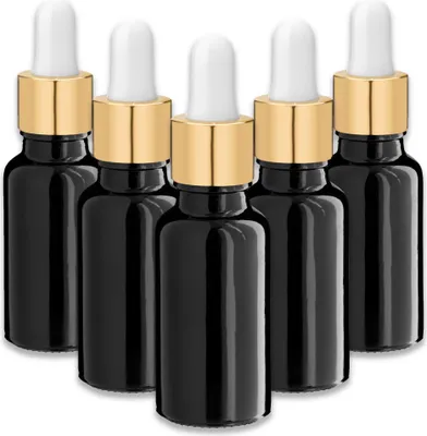 Produktbild von 5x Schwarze Glasflasche 20 ml mit goldener Tropfpipette leer 18 mm Set