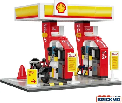 A toy model of a Shell gas station with a motorcycle.