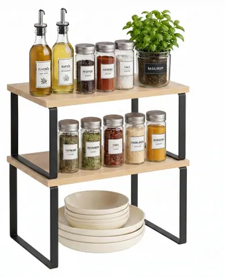 Productafbeelding van Relaxdays kruidenrek, set van 2, keukenkastje en aanrechtblad, stapelbaar kruidenrek, MDF en ijzer, naturel-zwart