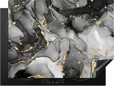 Produktbild von KitchenYeah© Herdabdeckplatte Marmor - Schwarz - Gold - Grau , 71x52cm, Küche Deko, Glaskeramikkochfeld Herdabdeckung, Abdeckplatte fùr Kochfeld