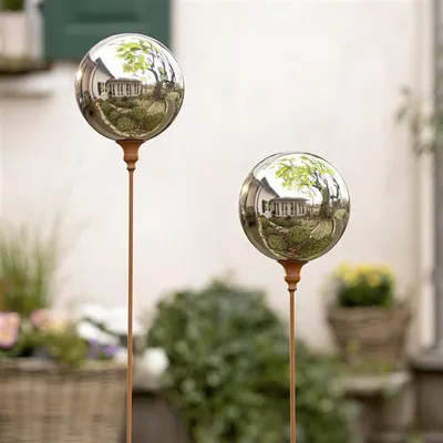 Produktbild von Gartenstecker "Kugel" aus Metall im Rost Design, 118 cm hoch, Dekostecker mit verspiegelter Kugel, Gartendeko für Draußen, Metallstecker, Beetstecker