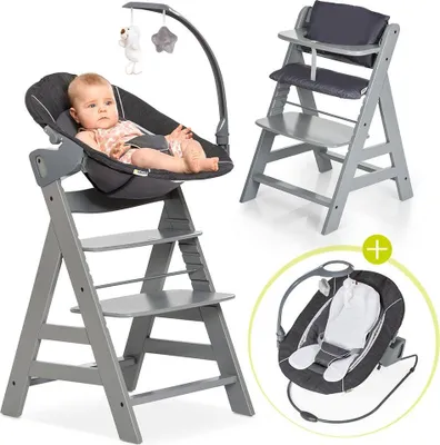 A collage showing a baby in a high chair with a bouncer attachment, and a separate image of the high chair and the bouncer.