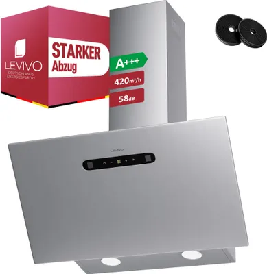 Produktbild von LEVIVO A+++ Kopffreie Dunstabzugshaube 60cm Umluft & Abluft mit 420 m³/h Luftleistung, 3 Stufen & Booster, 2 LEDs, Abzugshaube mit 2 Aktivkohlefiltern