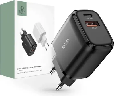 Zdjęcie produktu dla Zasilacz Tech-Protect C20W, USB-C PD 20W, USB-A QC 3.0, czarny