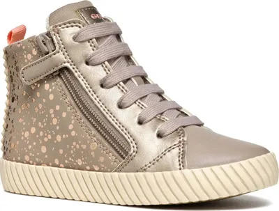 A single beige high-top sneaker with gold speckles and pink accents.