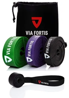 Produktbild von VIA FORTIS Premium Resistance Bands + Übungsanleitung und Tasche - Widerstandsbänder/Klimmzugband und Klimmzughilfe/Trainings-Bänder für Fitness & Krafttraining – Bänder 3er-Set (LEICHT + MITTEL + STA