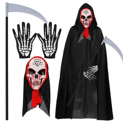 Produktbild von Omgoods - Erwachsenen-Kostüm des Sensenmanns mit Maske und Handschuhen für Halloween