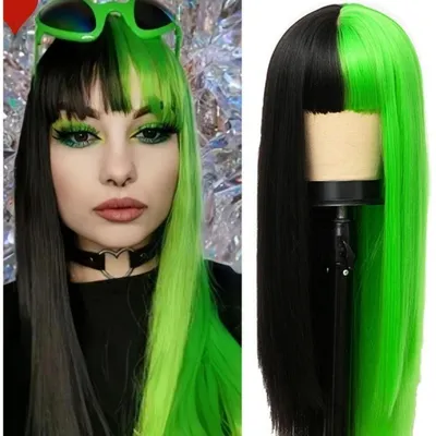 Produktbild von Perücke Damen Halb Grün Halb Schwarz Lang Gerade Synthetik Punk mit Knall